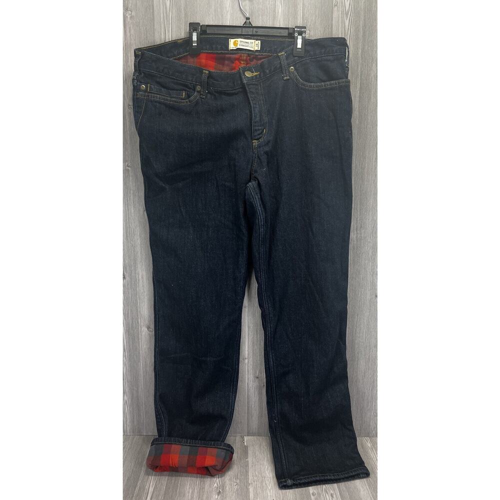 Carhartt Women's Dark Wash Relaxed Straight Jeans with Plaid Lining